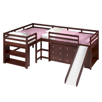 Ensemble de chambre à coucher en forme de L avec lit double et mezzanine coulissante, couleur cappuccino foncé