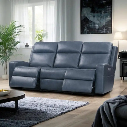 Canapé inclinable électrique en cuir pleine fleur de 89 pouces de large avec rangement, port de charge USB et appui-tête réglable.