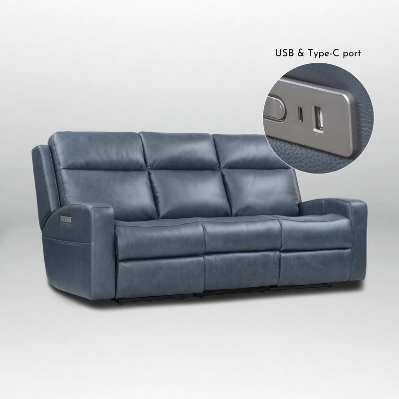 Canapé inclinable électrique en cuir pleine fleur de 89 pouces de large avec rangement, port de charge USB et appui-tête réglable.