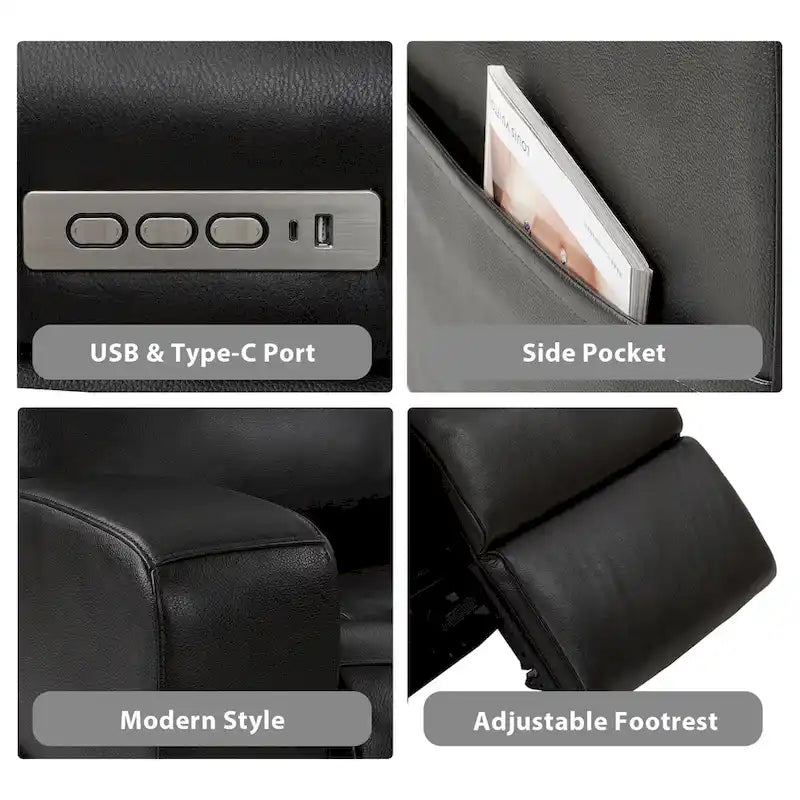 Canapé inclinable électrique en cuir pleine fleur de 89 pouces de large avec rangement, port de charge USB et appui-tête réglable.