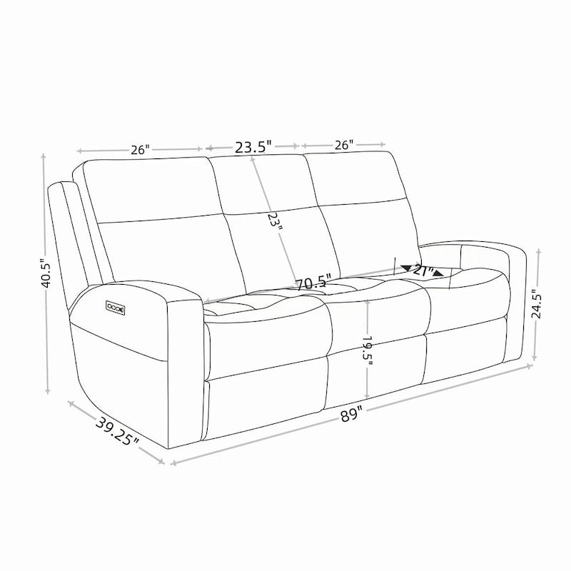 Canapé inclinable électrique en cuir pleine fleur de 89 pouces de large avec rangement, port de charge USB et appui-tête réglable.