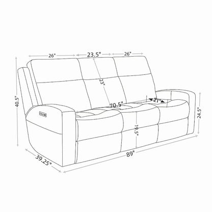 Canapé inclinable électrique en cuir pleine fleur de 89 pouces de large avec rangement, port de charge USB et appui-tête réglable.