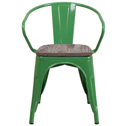 Chaise en métal avec assise et accoudoirs en bois