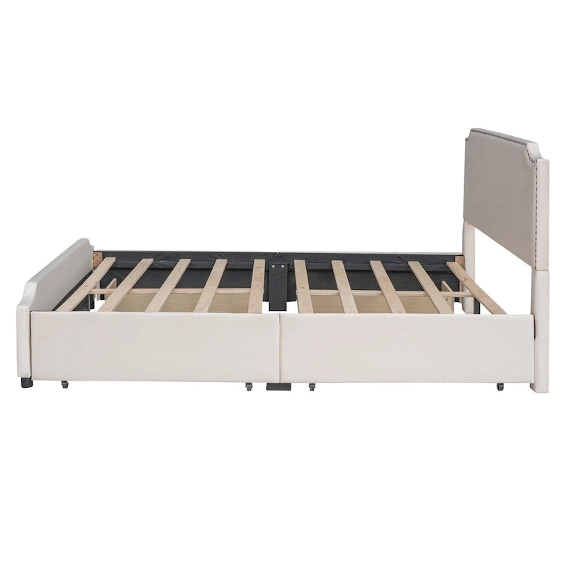 Lit plateforme capitonné avec tête et pied de lit à clous décoratifs et 4 tiroirs. Sommier non nécessaire. Revêtement en velours.