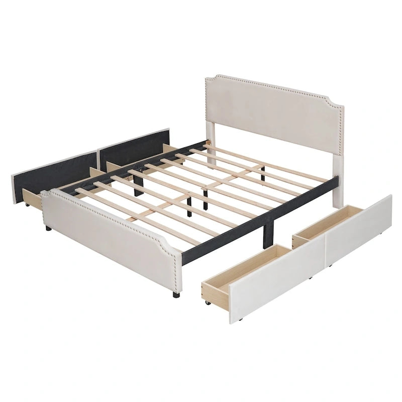 Lit plateforme capitonné avec tête et pied de lit à clous décoratifs et 4 tiroirs. Sommier non nécessaire. Revêtement en velours.