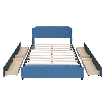 Lit plateforme capitonné avec tête et pied de lit à clous décoratifs et 4 tiroirs. Sommier non nécessaire. Revêtement en velours.