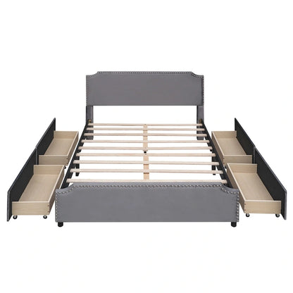 Lit plateforme capitonné avec tête et pied de lit à clous décoratifs et 4 tiroirs. Sommier non nécessaire. Revêtement en velours.