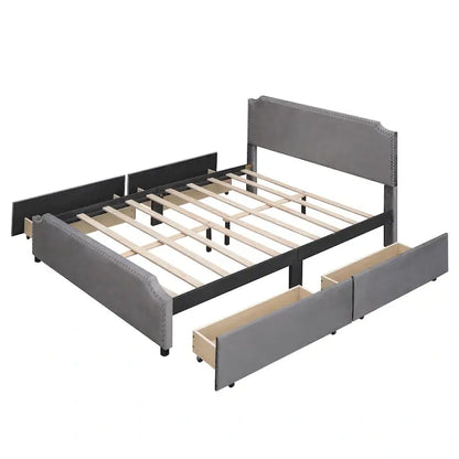 Lit plateforme capitonné avec tête et pied de lit à clous décoratifs et 4 tiroirs. Sommier non nécessaire. Revêtement en velours.