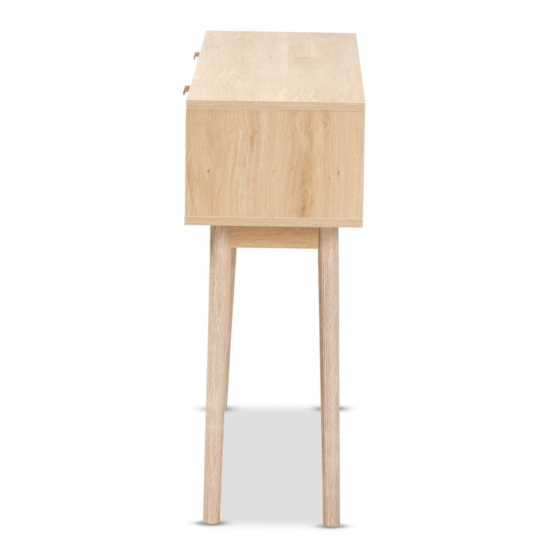 Console Baird en bois et rotin, finition chêne clair brun, à 2 tiroirs