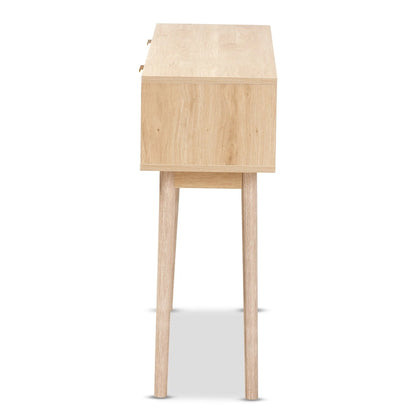 Console Baird en bois et rotin, finition chêne clair brun, à 2 tiroirs