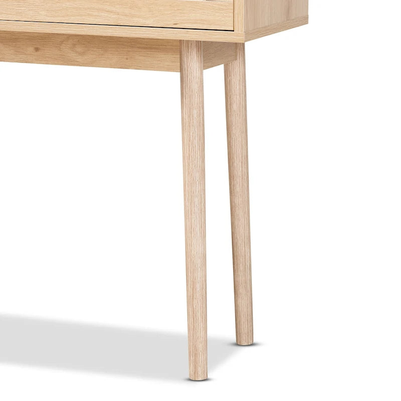 Console Baird en bois et rotin, finition chêne clair brun, à 2 tiroirs