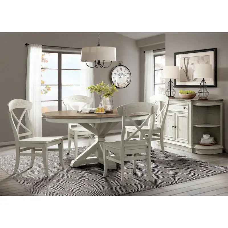 Roundhill Furniture Harola 5-Piece Dining Set, Round Pedestal Dining Table with 18 Leaf, 4 Side Chairs