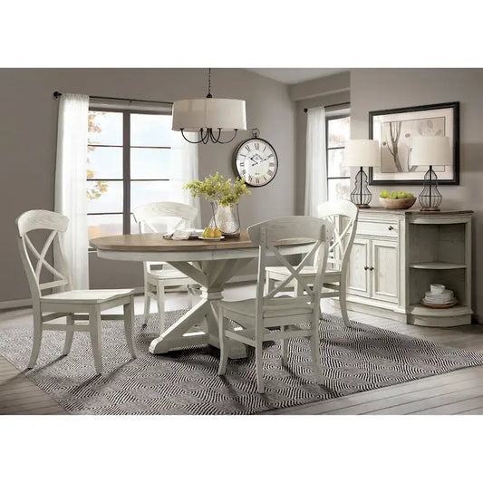 Roundhill Furniture Harola 5-Piece Dining Set, Round Pedestal Dining Table with 18 Leaf, 4 Side Chairs