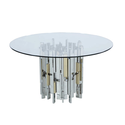 Table ronde contemporaine Somette en verre avec piètement en acier et motifs dorés