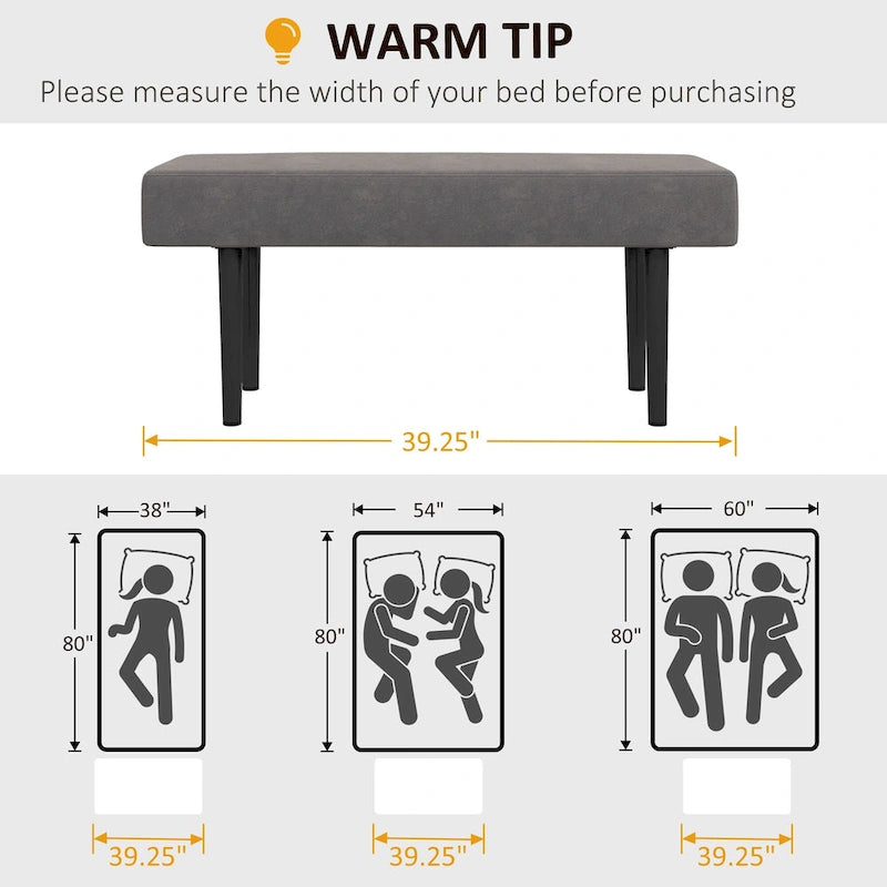 Banc de lit HOMCOM 39, banc d'entrée rembourré avec pieds en acier, banc de chambre, gris
