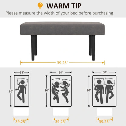 Banc de lit HOMCOM 39, banc d'entrée rembourré avec pieds en acier, banc de chambre, gris