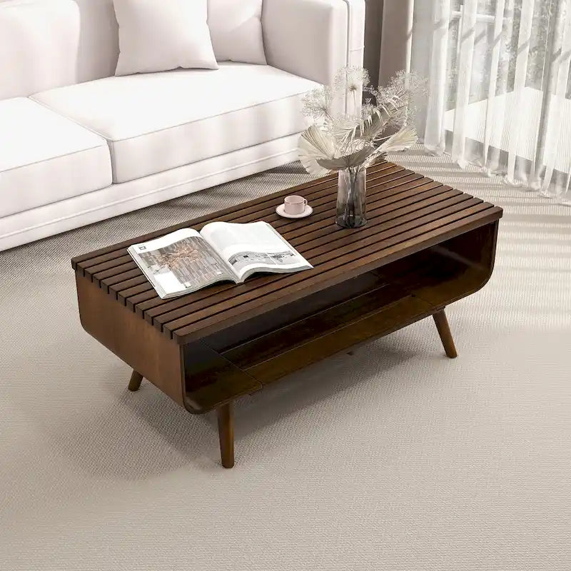 Table basse rectangulaire Adelina en bois massif marron, style Mid-Century