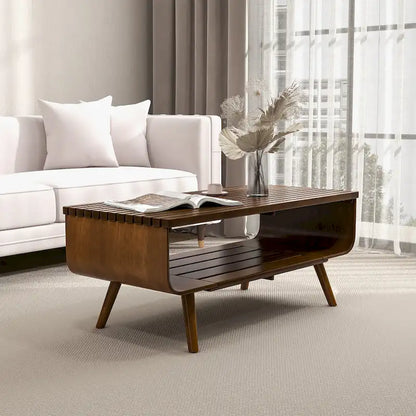 Table basse rectangulaire Adelina en bois massif marron, style Mid-Century