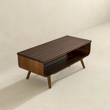 Table basse rectangulaire Adelina en bois massif marron, style Mid-Century