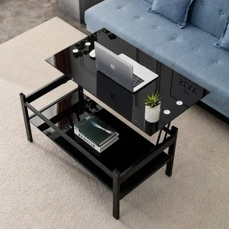 Table basse en verre relevable avec rangement pour salon ou bureau à domicile