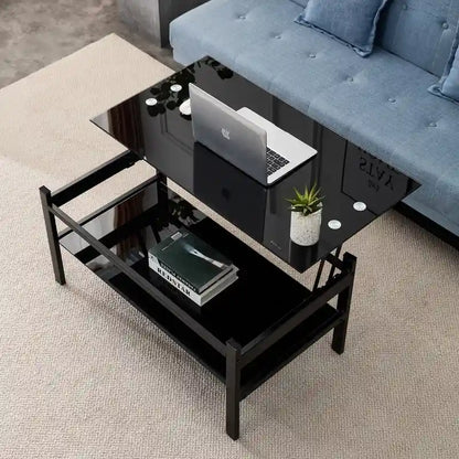 Table basse en verre relevable avec rangement pour salon ou bureau à domicile