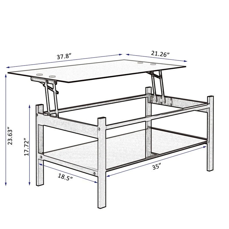Table basse en verre relevable avec rangement pour salon ou bureau à domicile