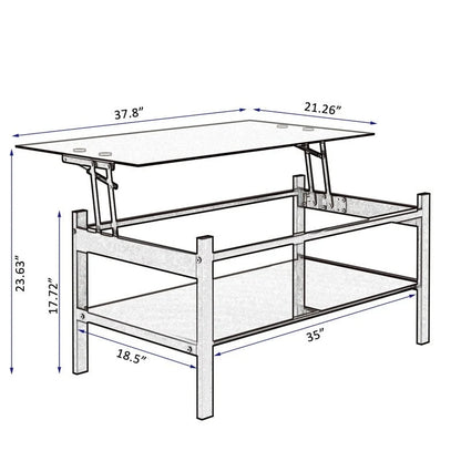 Table basse en verre relevable avec rangement pour salon ou bureau à domicile