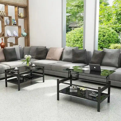 Table basse en verre relevable avec rangement pour salon ou bureau à domicile