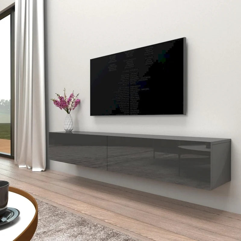 Meuble TV mural flottant Berno 71 po, finition brillante moderne