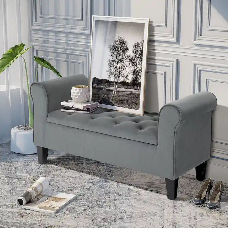 HOMCOM Banc coffre ottoman capitonné, banc de lit rembourré avec accoudoirs roulés pour chambre, salon ou couloir