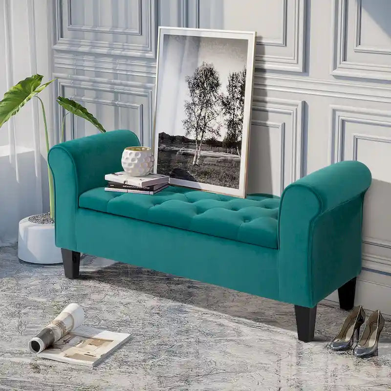 HOMCOM Banc coffre ottoman capitonné, banc de lit rembourré avec accoudoirs roulés pour chambre, salon ou couloir