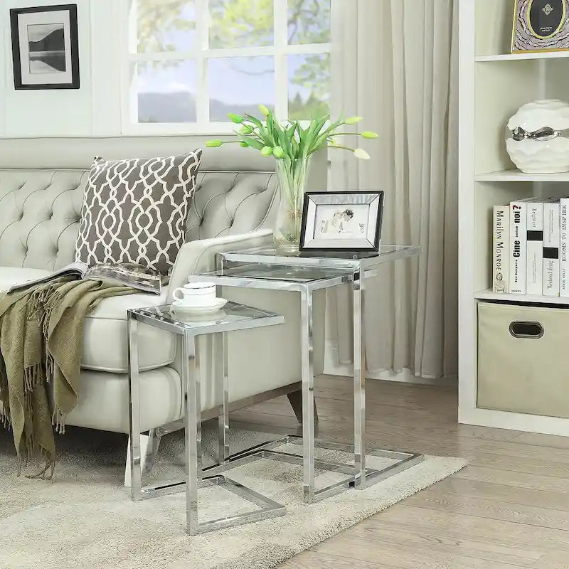 Ensemble de tables gigognes Addison de Carolina Living - Plateau en verre - Piètement chromé