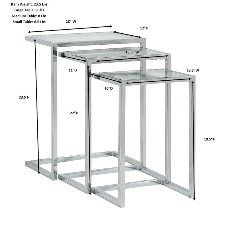 Ensemble de tables gigognes Addison de Carolina Living - Plateau en verre - Piètement chromé