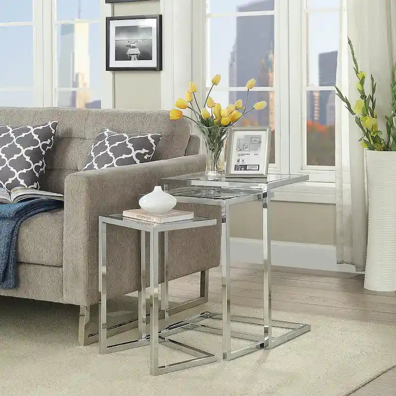 Ensemble de tables gigognes Addison de Carolina Living - Plateau en verre - Piètement chromé