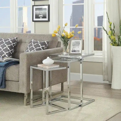 Ensemble de tables gigognes Addison de Carolina Living - Plateau en verre - Piètement chromé