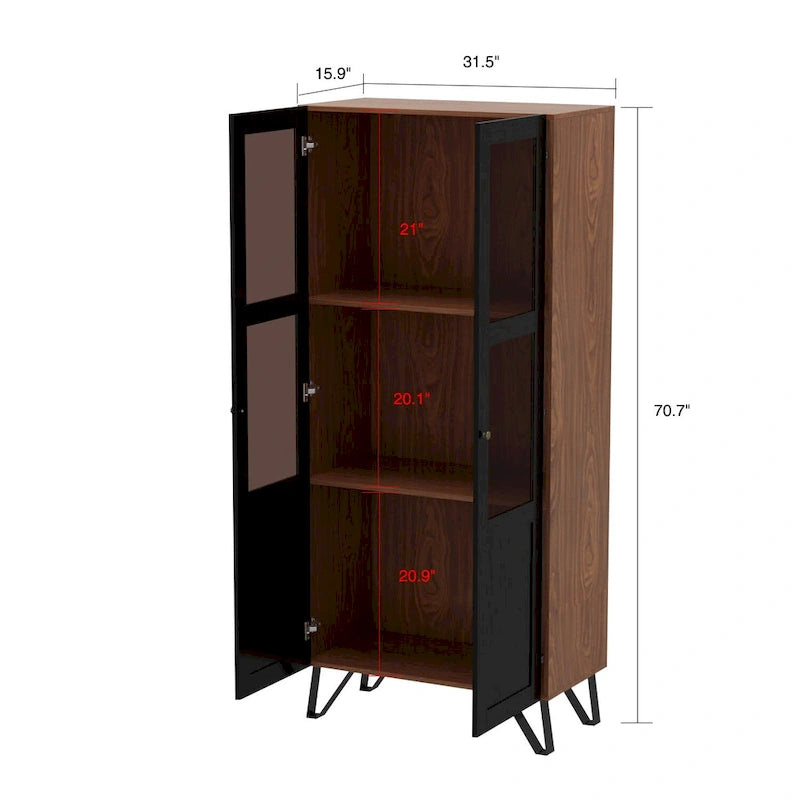 Buffet avec porte en verre acrylique et meuble de rangement en bois et métal