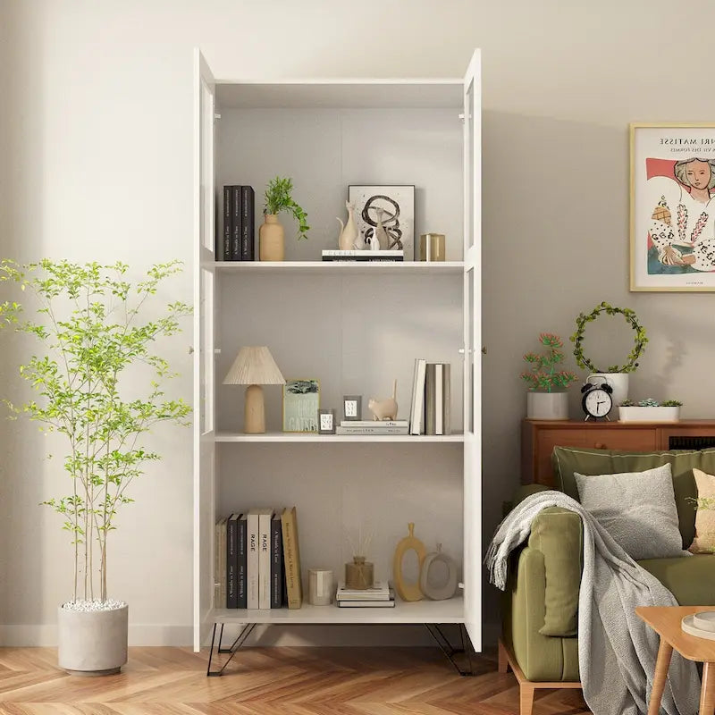 Buffet avec porte en verre acrylique et meuble de rangement en bois et métal