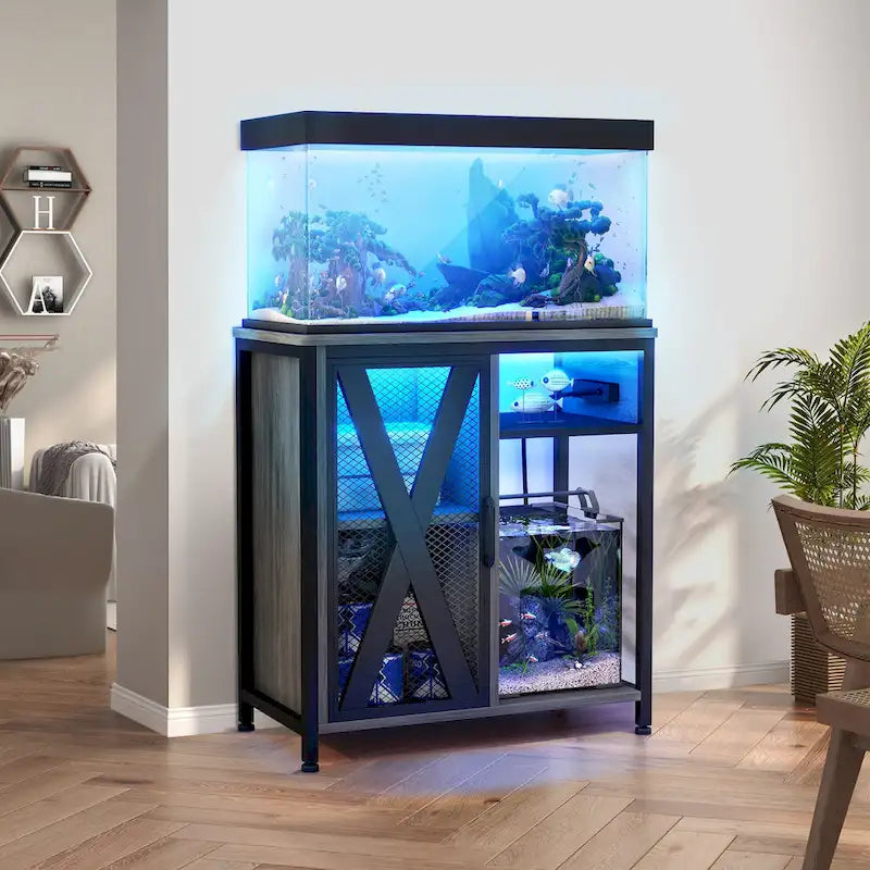 Meuble pour aquarium Moasis avec prises électriques et éclairage RGB 7 couleurs, meuble de rangement intégré