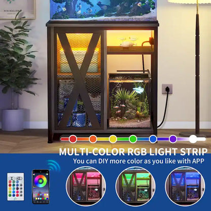 Meuble pour aquarium Moasis avec prises électriques et éclairage RGB 7 couleurs, meuble de rangement intégré