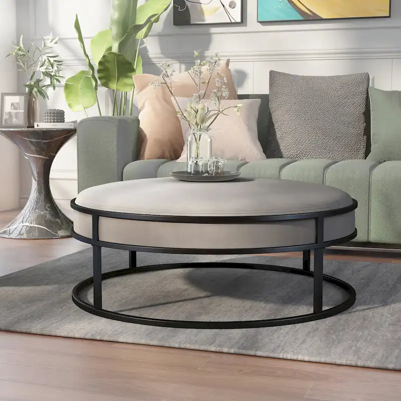 Pouf rond contemporain Chista en tissu avec coussin, par Furniture of America