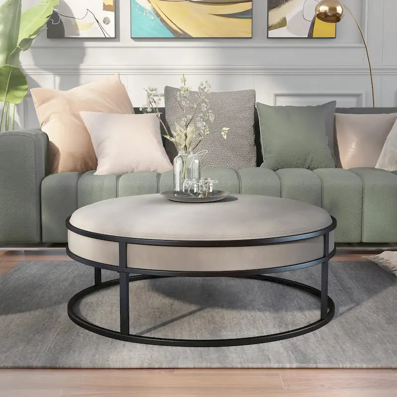 Pouf rond contemporain Chista en tissu avec coussin, par Furniture of America