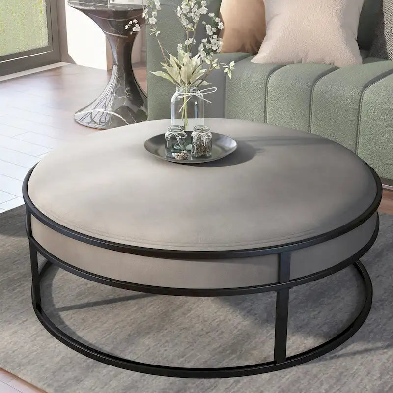 Pouf rond contemporain Chista en tissu avec coussin, par Furniture of America