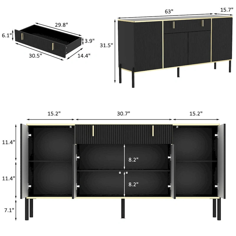 Buffet de cuisine Timechee à 4 portes et 2 tiroirs supérieurs, meuble de rangement d'appoint