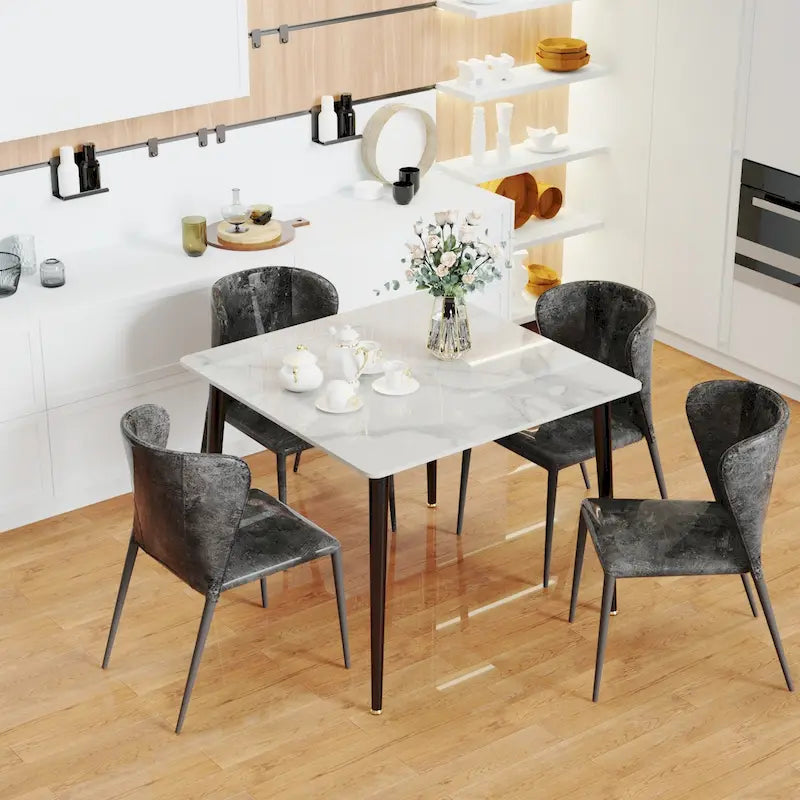 Table de cuisine/salle à manger carrée 4 places, plateau en pierre frittée effet marbre moderne