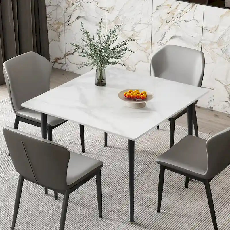 Table de cuisine/salle à manger carrée 4 places, plateau en pierre frittée effet marbre moderne