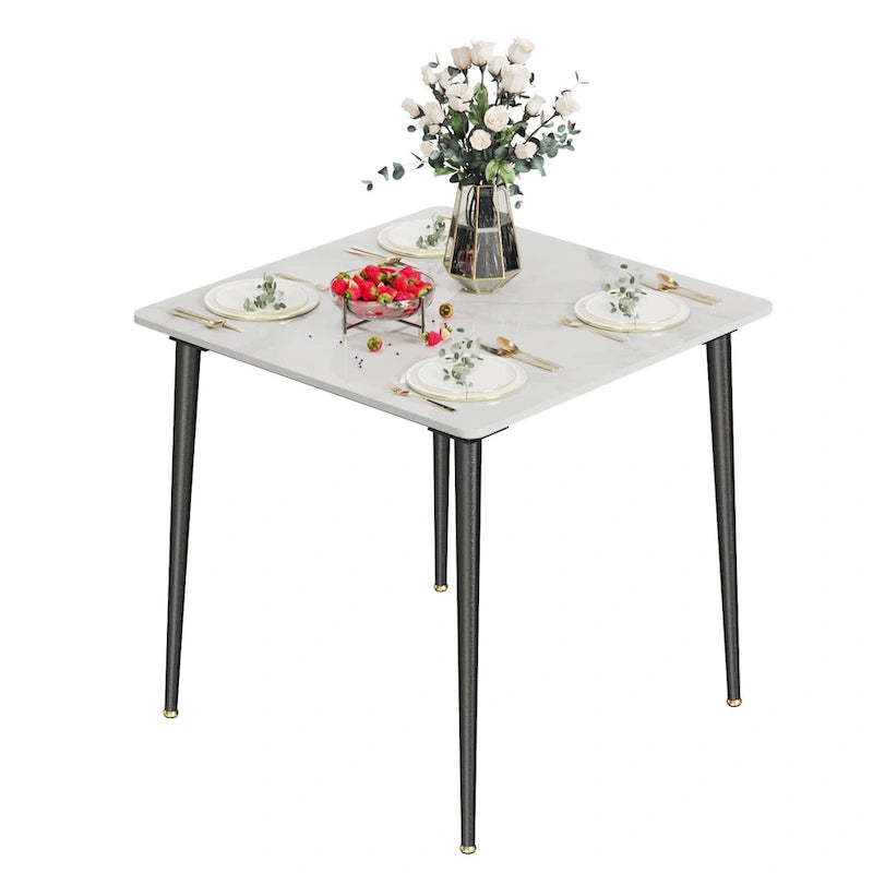 Table de cuisine/salle à manger carrée 4 places, plateau en pierre frittée effet marbre moderne