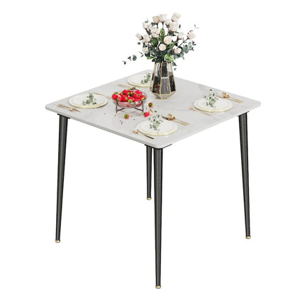 Table de cuisine/salle à manger carrée 4 places, plateau en pierre frittée effet marbre moderne