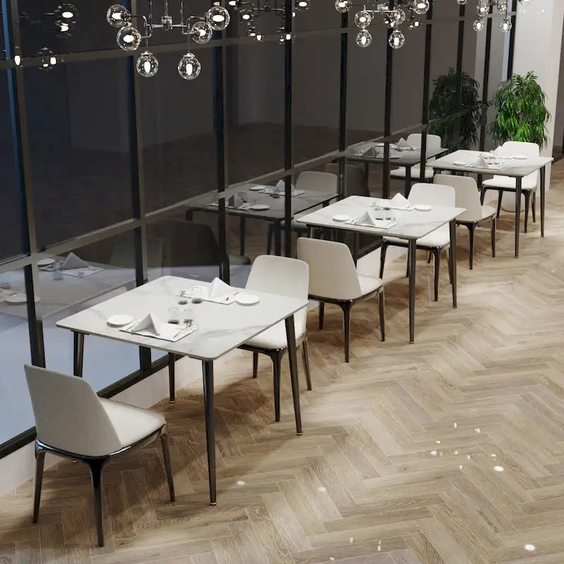 Table de cuisine/salle à manger carrée 4 places, plateau en pierre frittée effet marbre moderne
