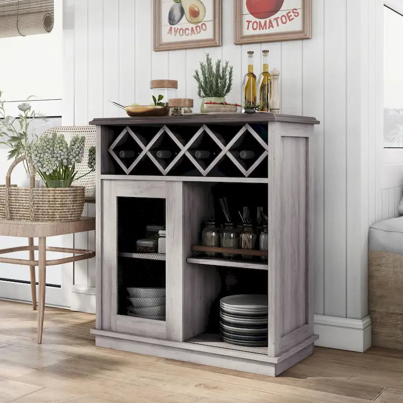 Buffet à vin DH BASIC Farmhouse à quatre étagères et quatre bouteilles, style treillis, par Denhour
