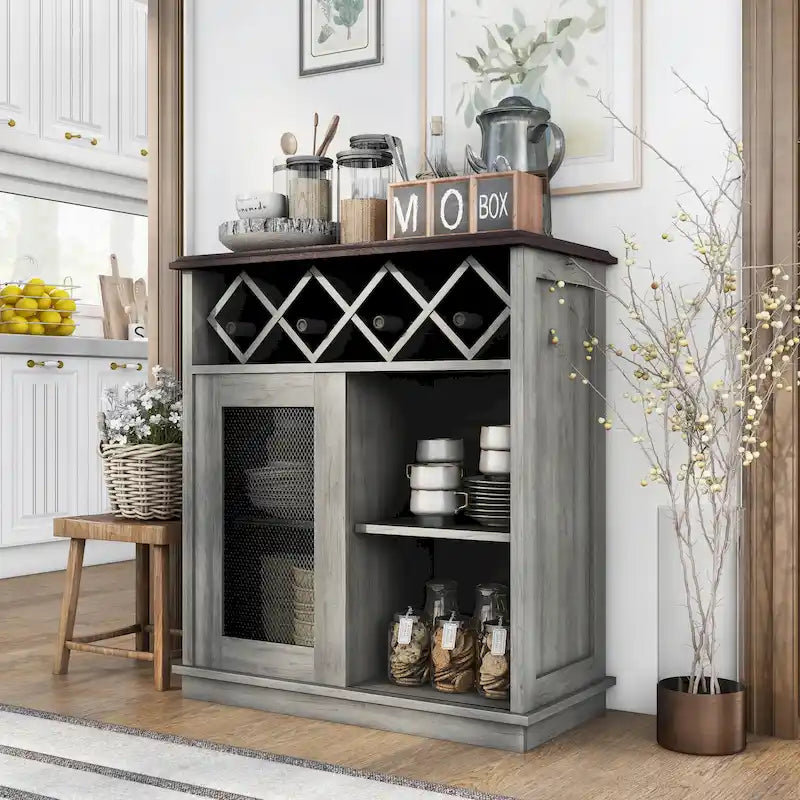 Buffet à vin DH BASIC Farmhouse à quatre étagères et quatre bouteilles, style treillis, par Denhour